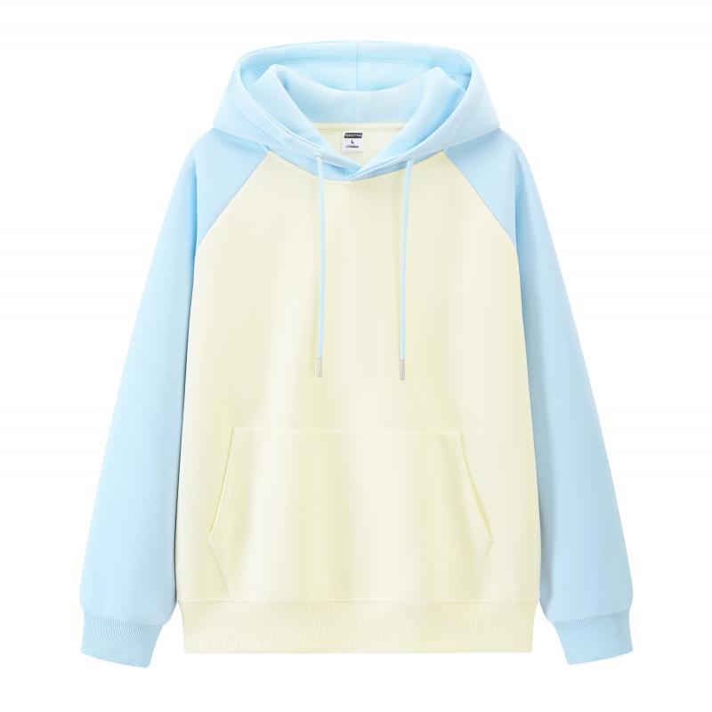

Чоловічий худі з кольоровими блоками та рукавами реглан 330г - Повсякденний універсальний пуловер з накладною кишенею для весни та осені 3XL абрикосовий/небо синє кольору