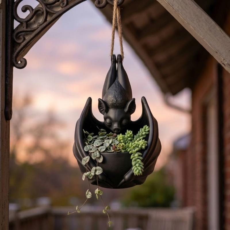 3D Printing Gothic Style Bat Hanging Planter Creative Whimsical Hanging Planter Black Plastic Bat Wing Flowerpot