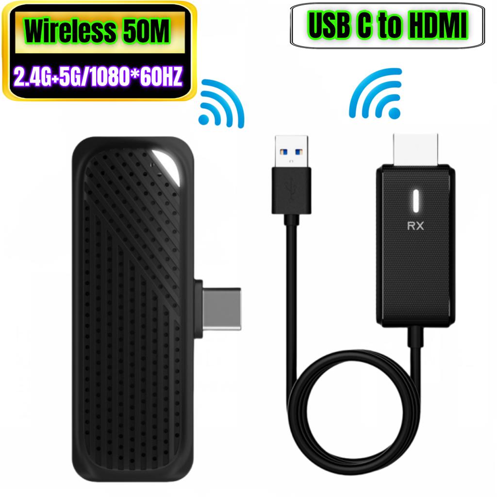 HDMI Wireless Transmitter and Receiver Extender 1080P 50M 2.4G 5G Type-C Wireless TX and RX for Mirroring HD Wireless Extender