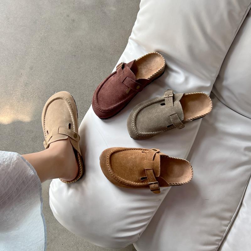 2024 Spring Women's Closed Toe Slippers Cow Suede Leather Clogs Sandals For Women Retro Hand Made Garden Mule Clog Slides