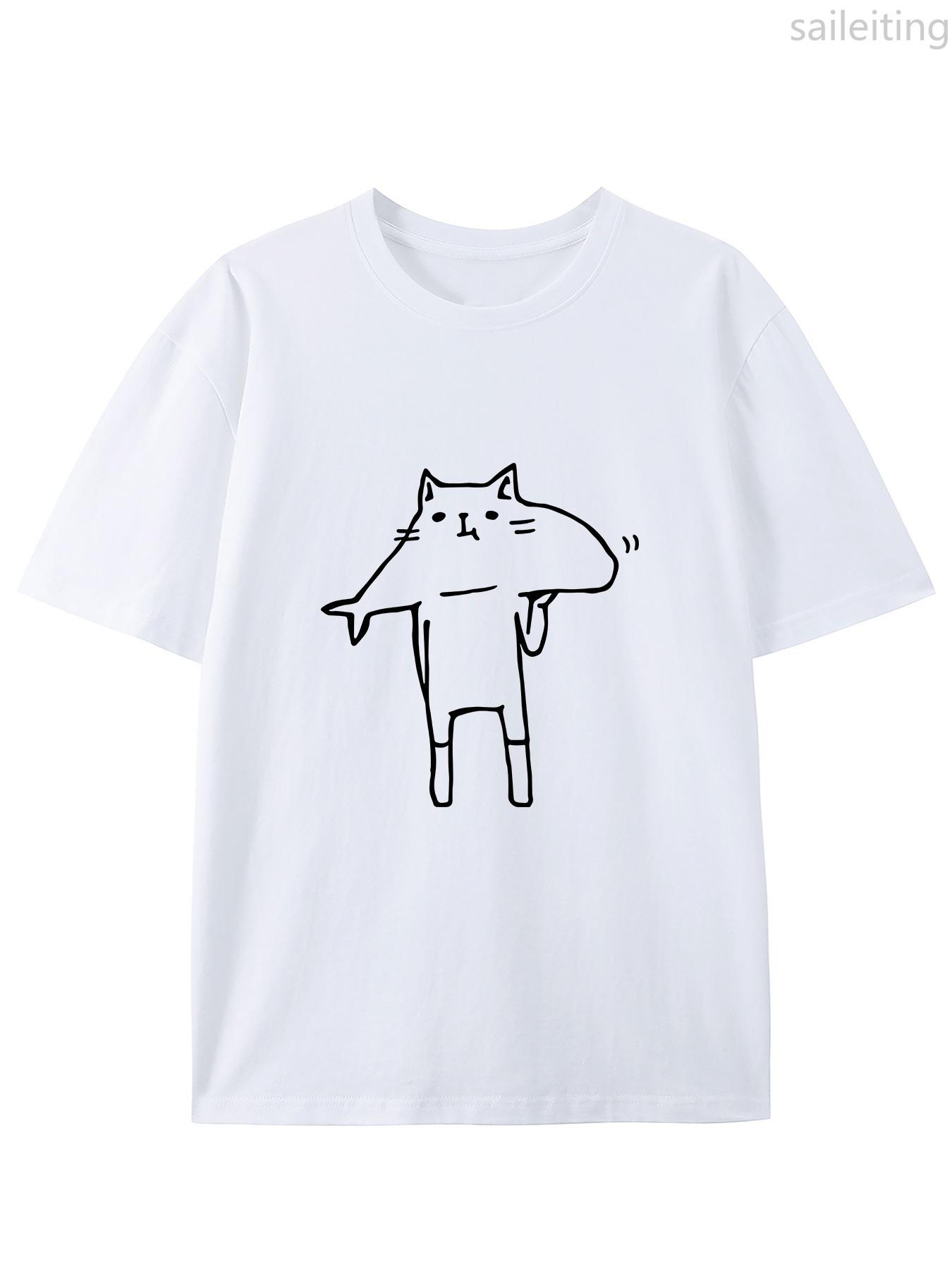 Japanese inspired cartoon fish head cat t-shirt short Unisex T-shirt with round neck S