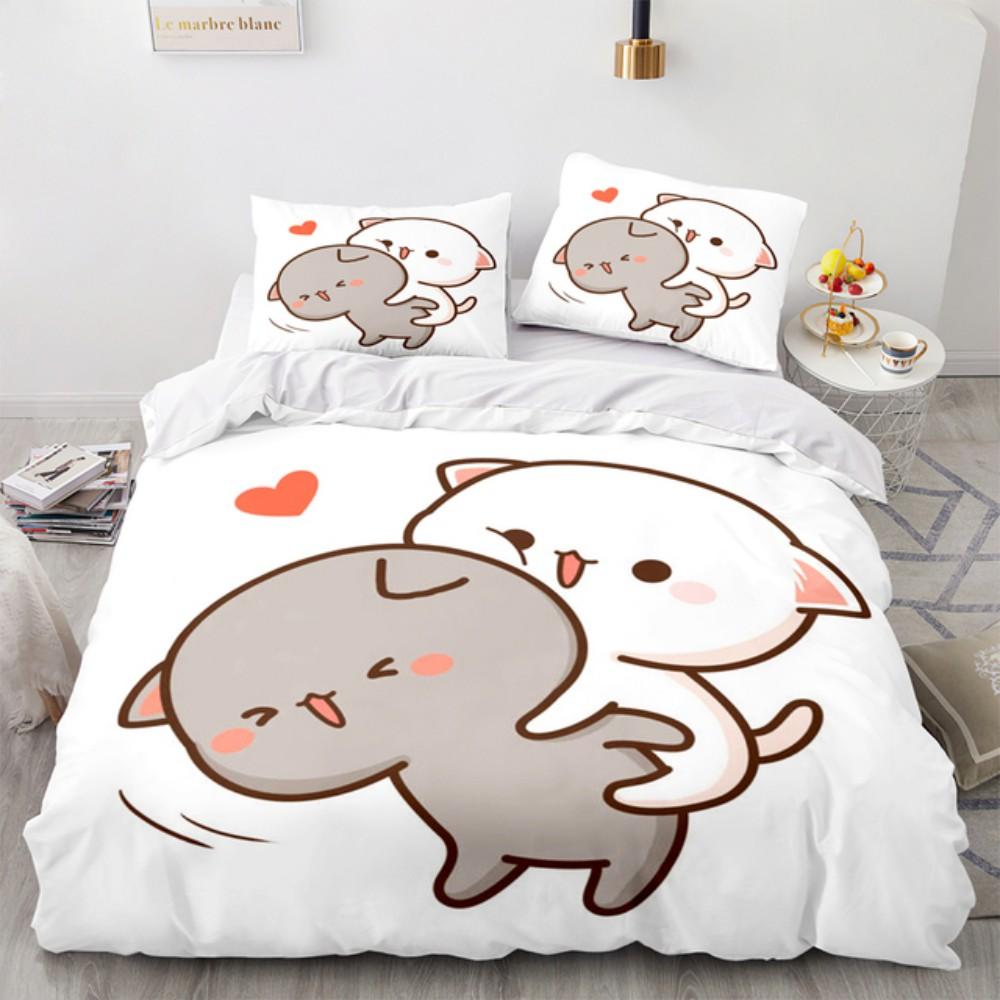 

Lovely Peach Cat Bedding Set Cartoon Comforter Double Queen King Twin Full Size Duvet Cover Kids Girls White EU single(135x200cm)