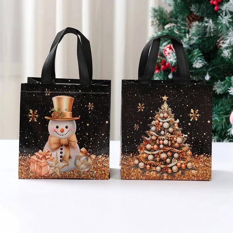 1 STuks met Handvatten Sneeuwpop Cadeautassen Zwart & Gouden Kerstboom & Kous Ontwerp Tote Bags Waterdicht