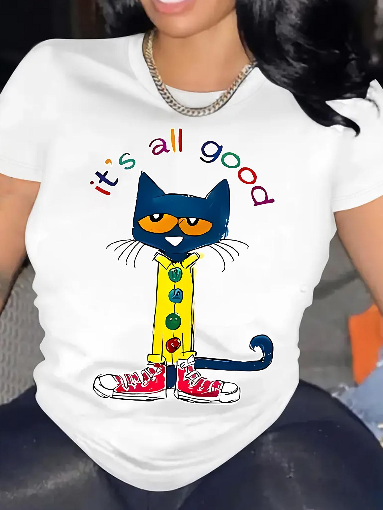 

Funny Cartoon Cat Printed Round Neck T-Shirt, Casual Short Sleeve Tee for Spring and Autumn, Women S Clothing. S белый