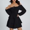Women's Fashion Off-Shoulder Tie-Detail Pleated Long-Sleeve Fitted -Color Short Dress