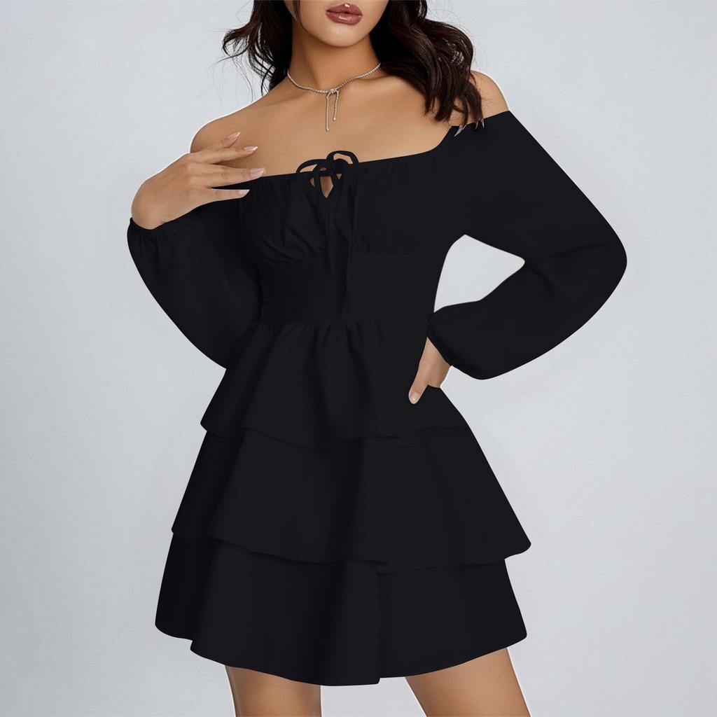 Women's Fashion Off-Shoulder Tie-Detail Pleated Long-Sleeve Fitted -Color Short Dress
