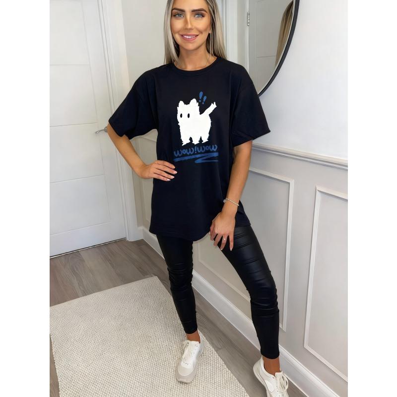 Oversized T Shirt Black Cute White Dog With Wow Text Print Casual Wear For Women Summer Outfit Street Style Fashion Top