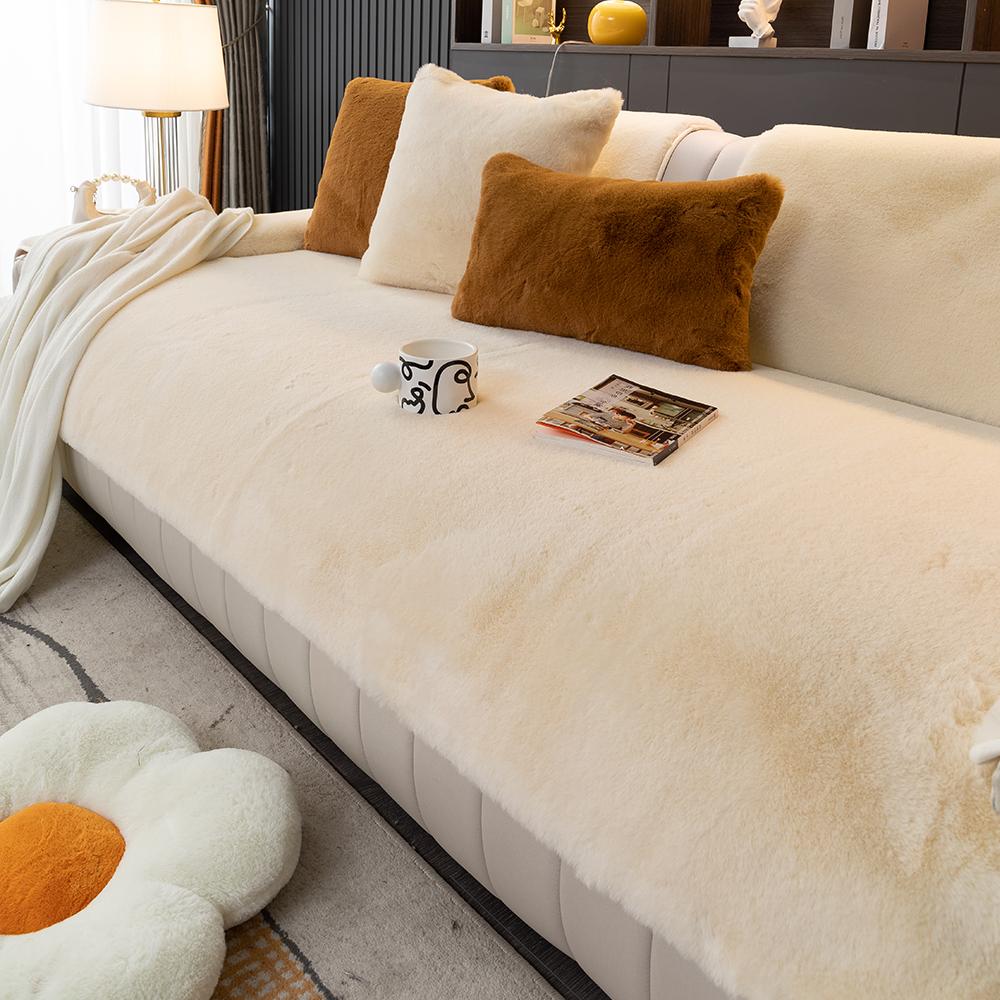 Winter Sofa Cover Rabbit Fur Soft Sensation Padded Plush Sofa Cushion Non-Slip Furniture Protector Suitable for 1-4 People