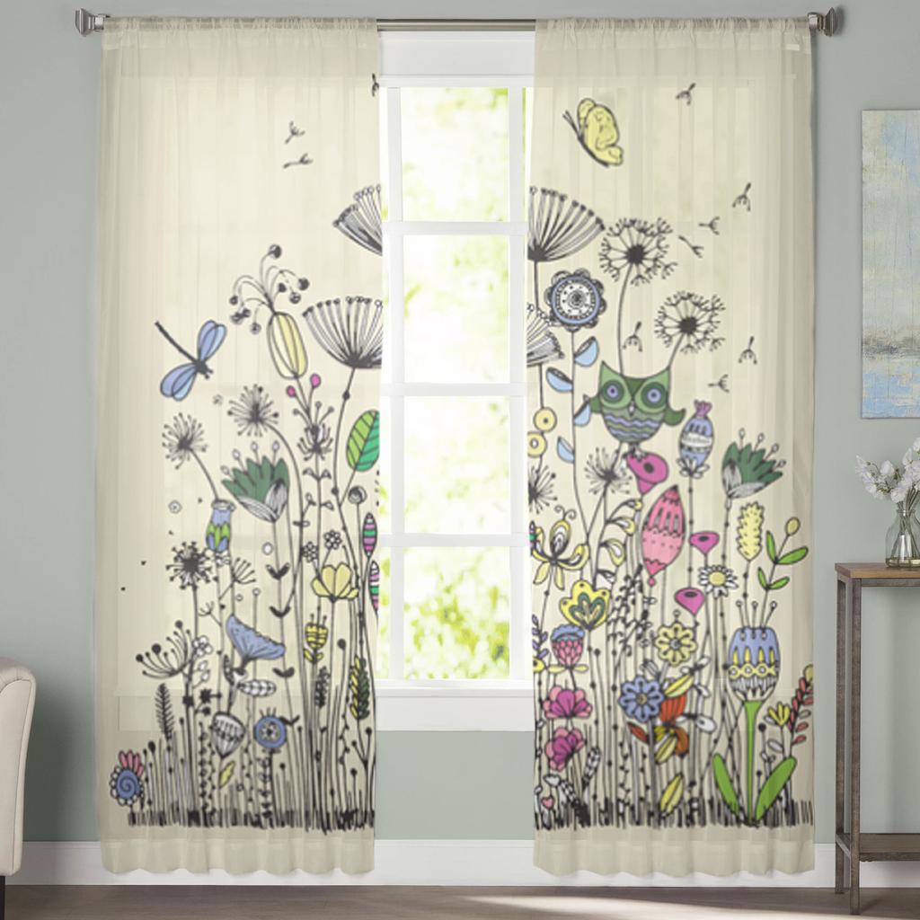 Vintage Elements Flower Sheer Curtains for Living Room Transparent Tulle Window Curtain Bedroom Kitchen Home Decor Veil Drapes
