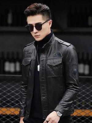 Herren Slim Leder Motorradjacke, Koreanischer Stil, Stehkragen, Lässige Frühjahrs-/Herbstkleidung