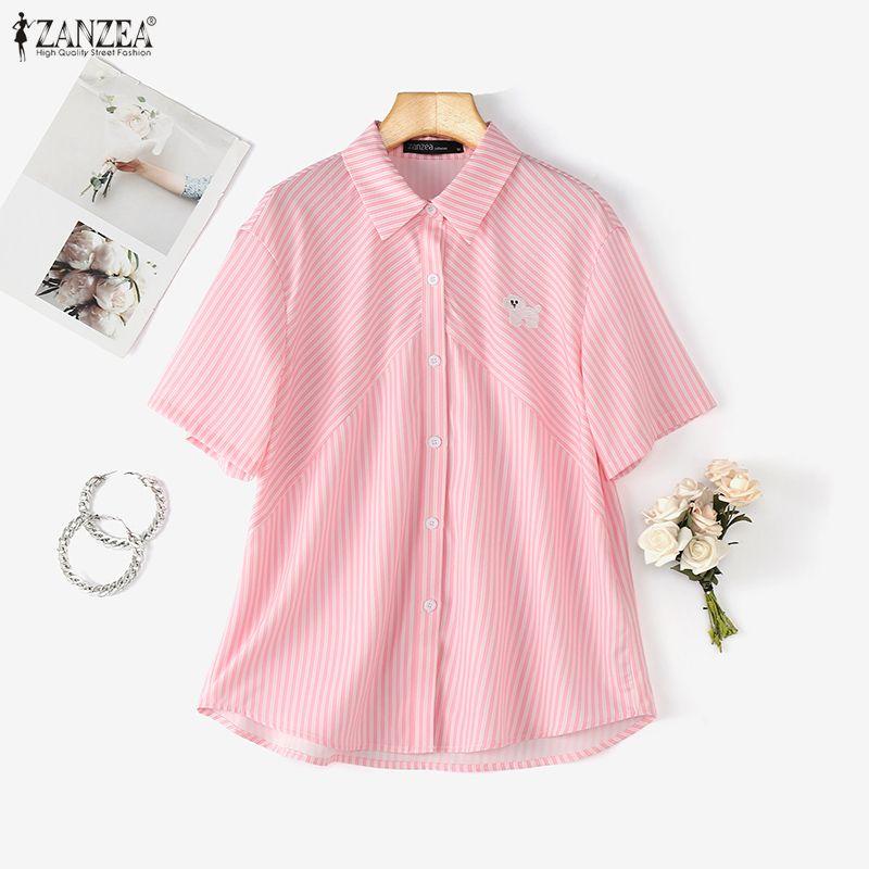 ZANZEA Women Casual Turn Down Collar Short Sleeve Loose Stripe Blouse