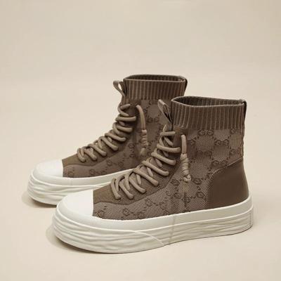 2024 Autumn Breathable High Top Shoes with Thick Sole and High Rise Knitted Elastic Socks and Boots for Women
