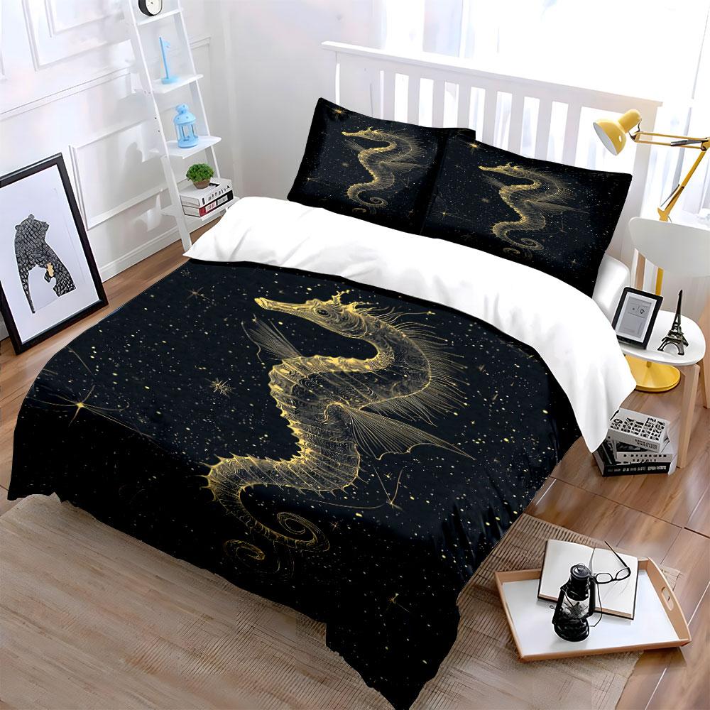 Golden seahorse with stars. Bedding sets Duvet cover sets Duvet covers Pillowcases(1 * Duvet Cover 2 * Pillowcases without duvet insert)