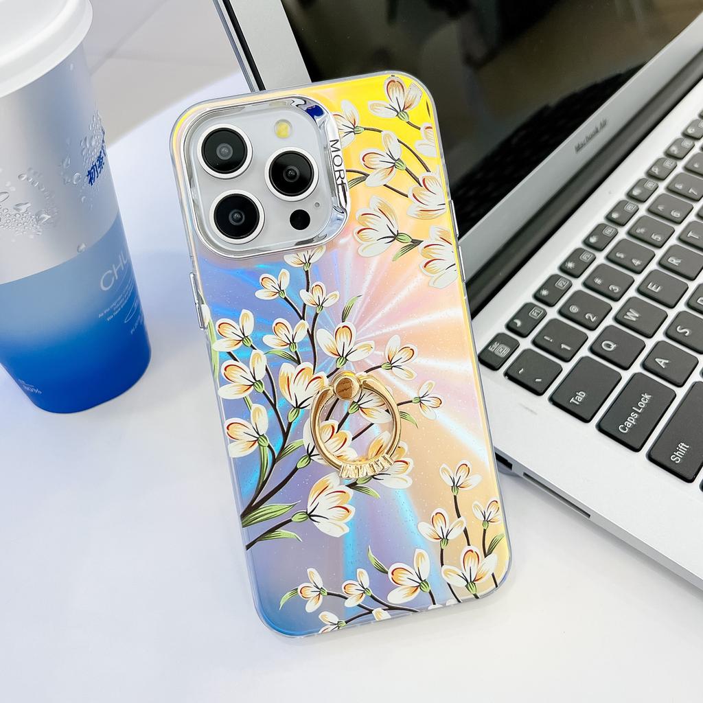 iphone16ProMax Mobile Phone Case Is Suitable for Apple 15 Ring Bracket Electroplated Laser Flower Protective Cover