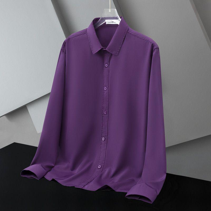 Spring and Autumn Business and Leisure Minimalist Flip Collar Silk Smooth Non Ironing Breathable Elastic Shirt for Men