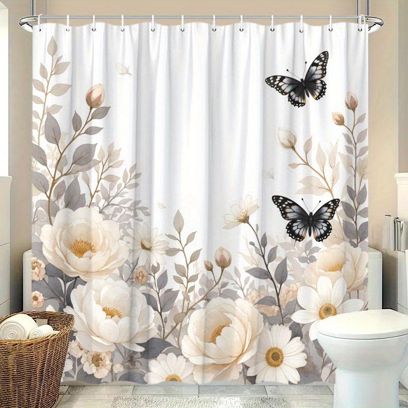 

1 Vintage Floral Peony Butterfly Shower Curtain - Cream and Beige Flowers with Black Monarch Butterflies with Hook 90X180cm