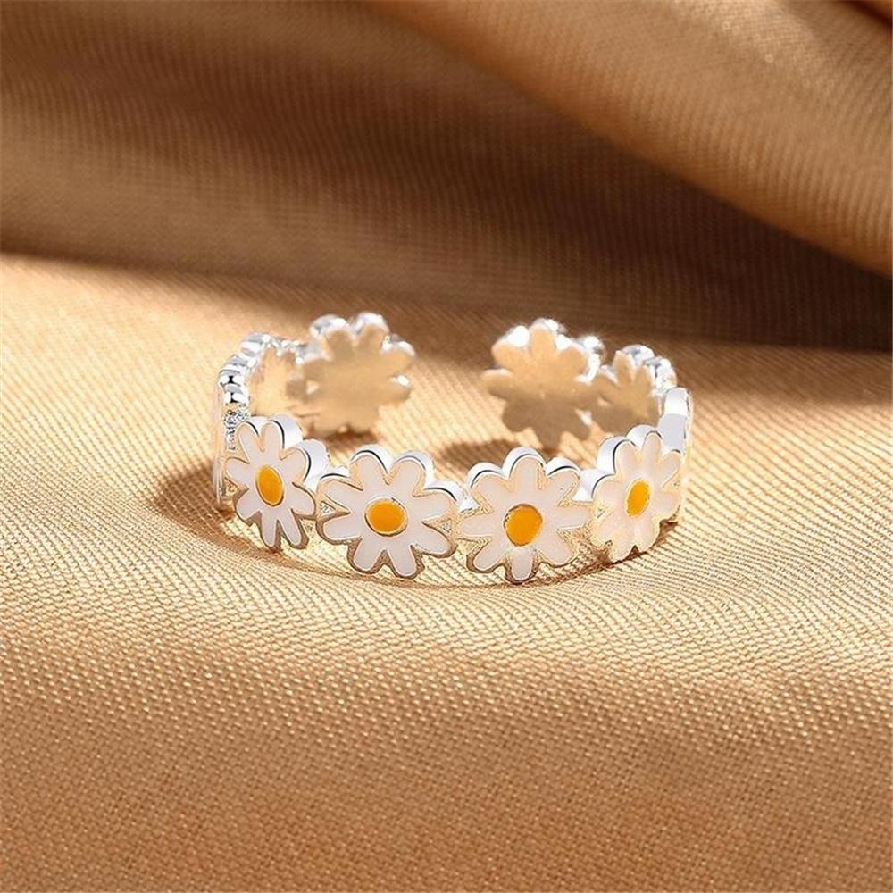 Charm Female White Enamel Flower Silver Color Wedding Rings Promise Open Adjustable Engagement For Women