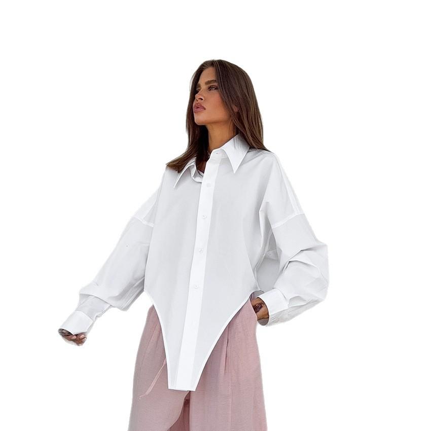 1116 Autumn Casual Personalized Lapel Loose White Versatile and Thin Design Sense Splicing Trendy Women's Shirt
