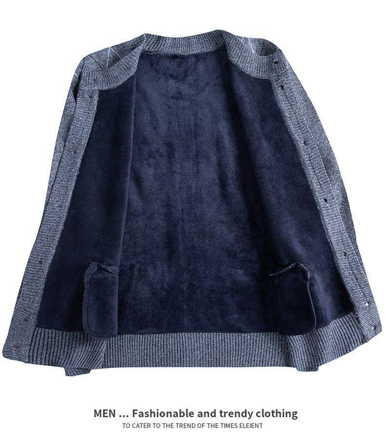 Men's Thickened Knit Cardigan - Warm, Velvet-Lined Sweater for Middle-Aged and Elderly, Perfect for Autumn and Winter.