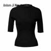 Anlom Haut Pullover Rétro à Manches Courtes et Col Rond Slim-Fit pour Femme