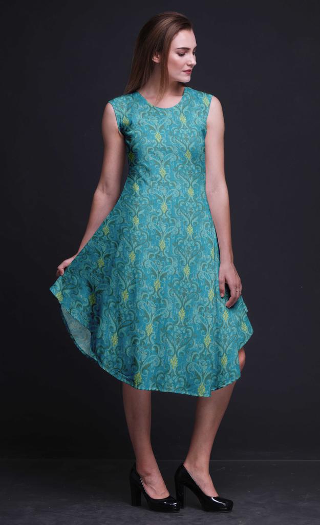 Bimba Blue Clover Leaves Floral Printed Ladies Sleeveless Round Neck Summer Dress Casual