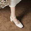 Soft Sheepskin Square Head Thick Heel Single Shoes Women's Medium Heel Retro Mary Jane Shoes Cross One-word Buckle Spring and Autumn