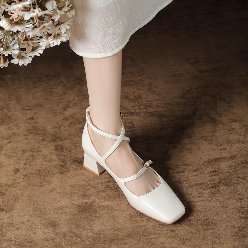 Soft Sheepskin Square Head Thick Heel Single Shoes Women's Medium Heel Retro Mary Jane Shoes Cross One-word Buckle Spring and Autumn