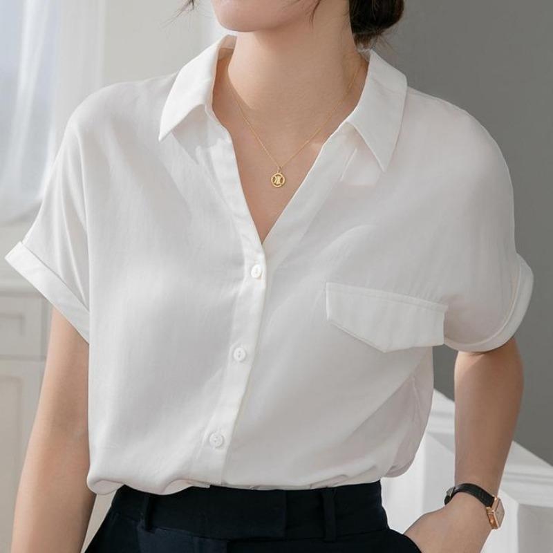 GMXIA Women's Summer White Short Sleeve Shirt Women's Thin Small V-Neck Blouse Loose Draped Career Tops