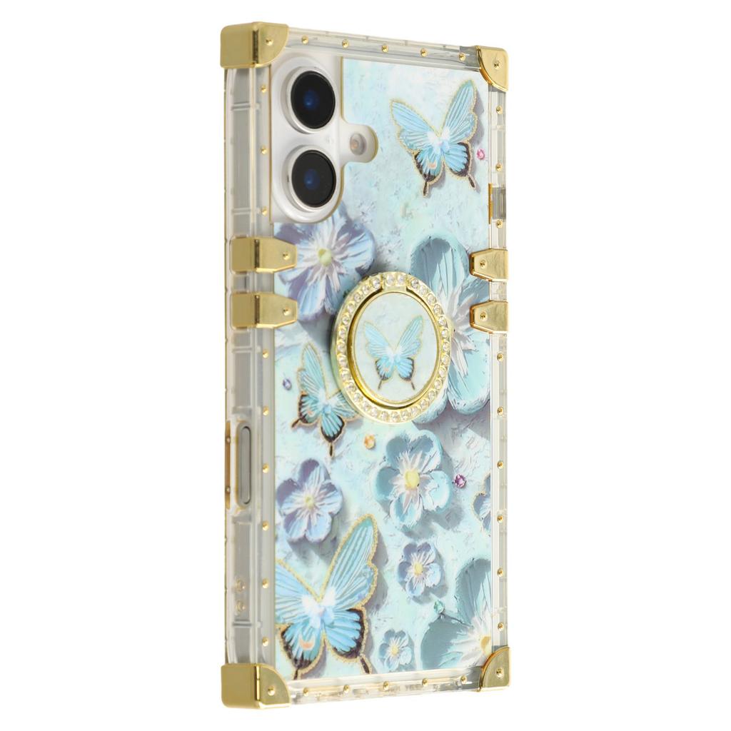 For iPhone 16 Case Stylish Flower Butterfly Pattern Ring Kickstand TPU+PC Phone Cover