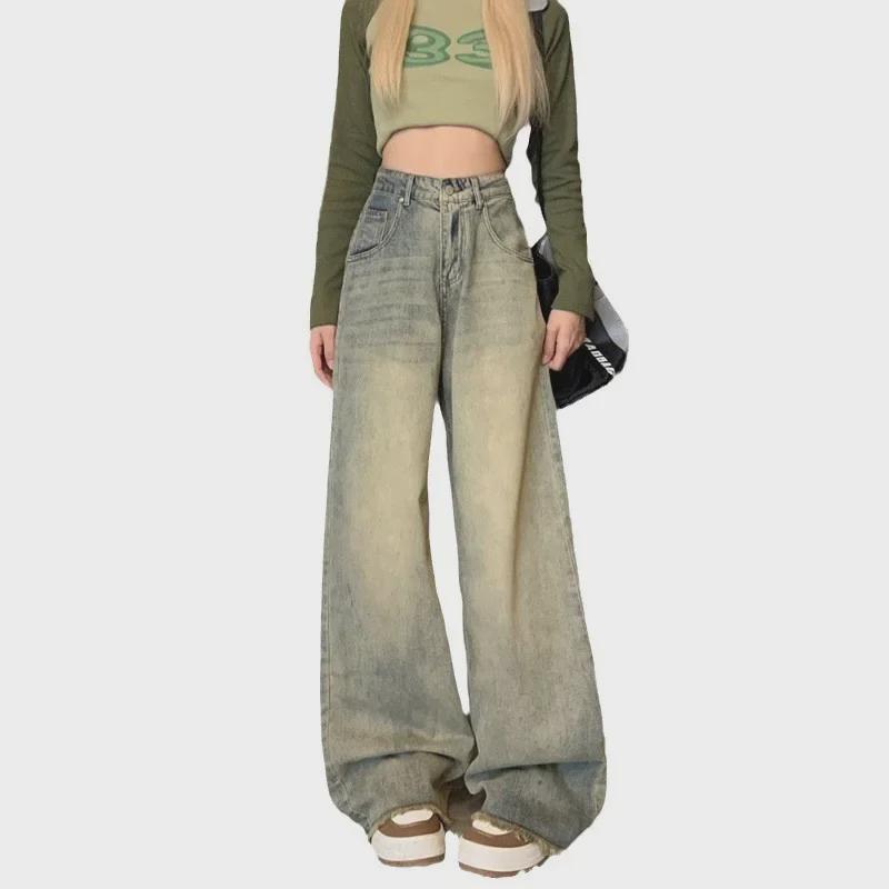 Damskie dżinsy retro z wysokim stanem, szerokimi nogawkami w amerykańskim stylu, z efektem postarzenia - mały rozmiar, luźny prosty krój, surowe wykończenie, idealne na jesień.