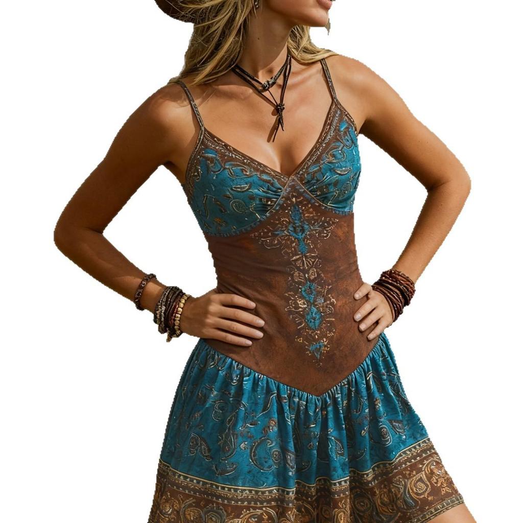 2026 Retro-Kleid für Damen mit V-Ausschnitt und Spaghettiträgern, geblümt - Vielseitig, Figurbetont, Perfekt für den Alltag oder den Urlaub