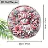 Pink Snowman Poinsettia Christmas Round Wooden Hanging Sign, 2D Flat Printed Front Door Decor, Winter Floral Xmas Wall Ornament Gift