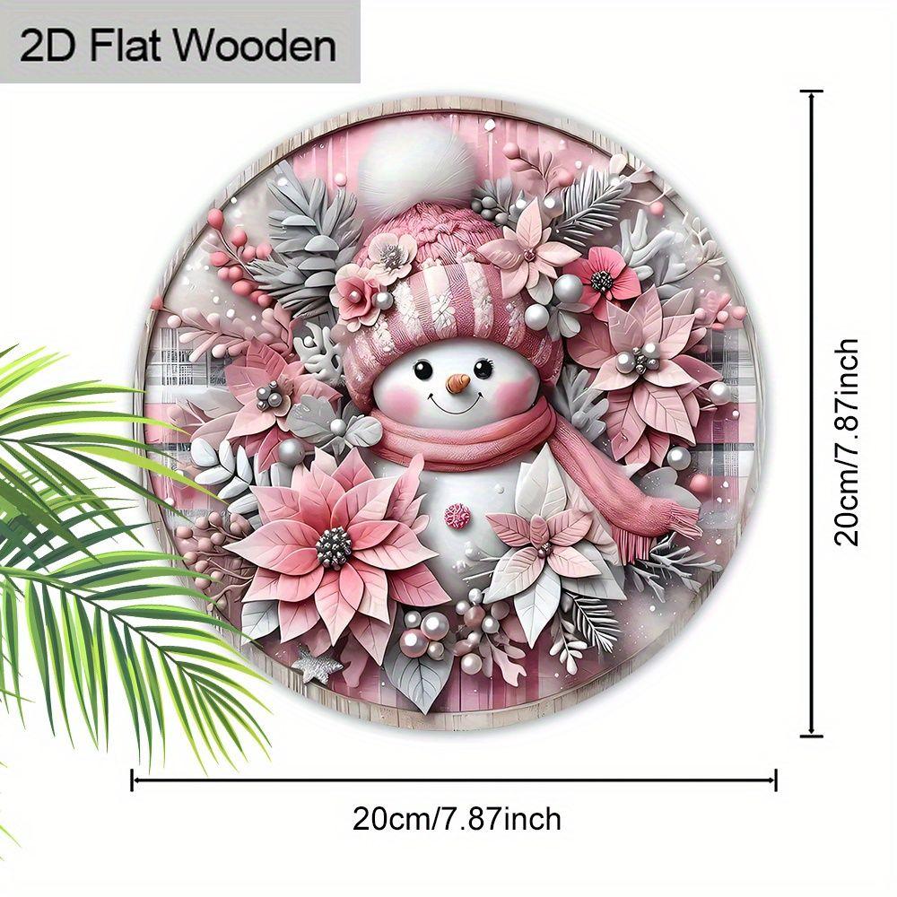 Pink Snowman Poinsettia Christmas Round Wooden Hanging Sign, 2D Flat Printed Front Door Decor, Winter Floral Xmas Wall Ornament Gift