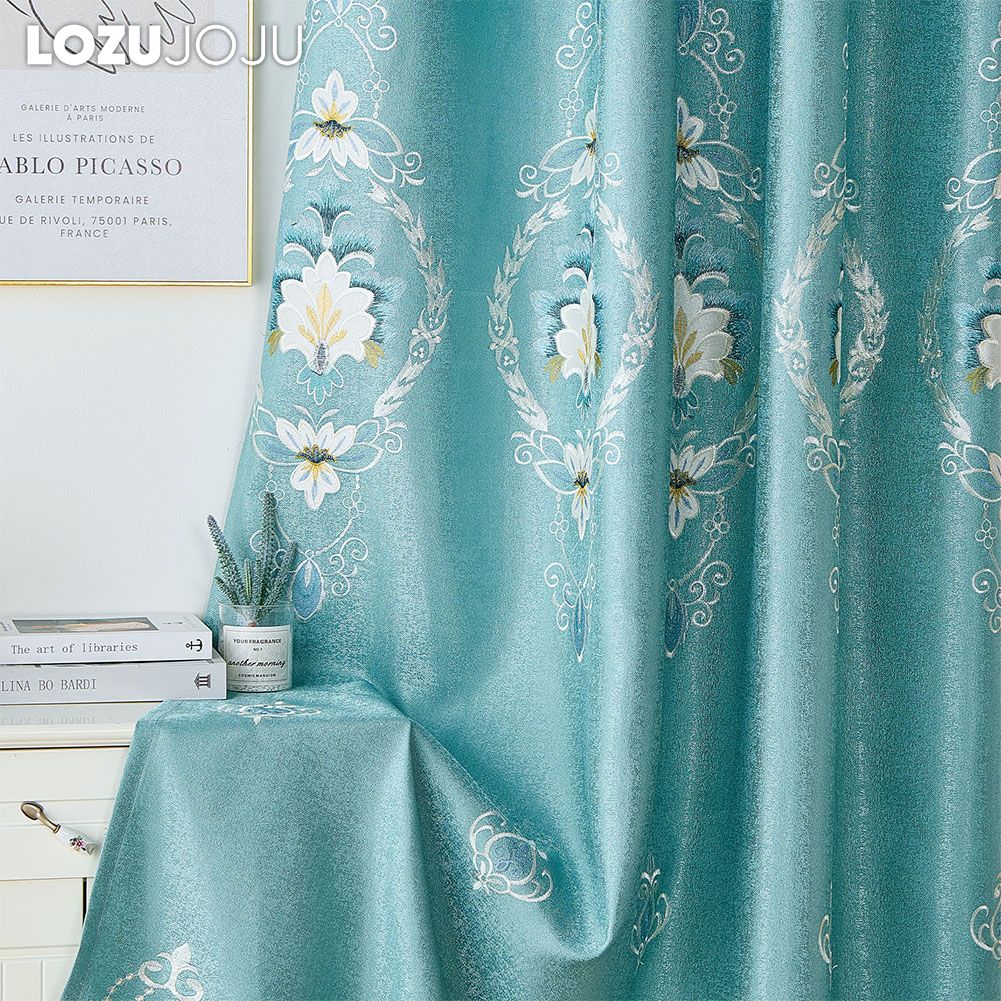 1PC Exotic Luxury Semi Blackout Blue Embroidered Blackout Curtains for Living Room Bedroom Home Decor LOZUJOJU