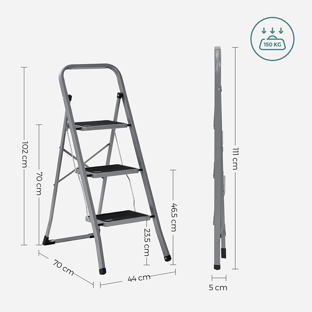 SONGMICS 3-Step Ladder, Folding Ladder, 20 cm Wide Steps Covered with Non-Slip Rubber, Rubber Feet, Handrail, Max. Static Load 150 kg, Steel