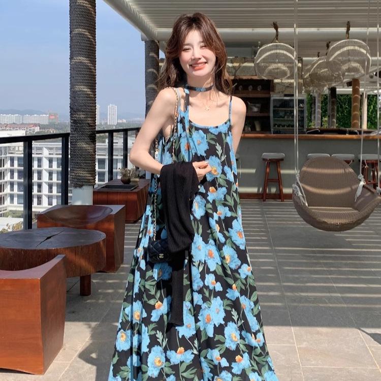 2026 Summer Blue Spaghetti Strap Beach Dress for Women