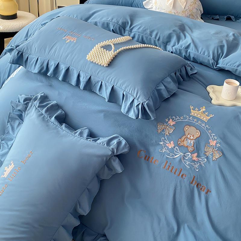 Small Fresh Washed Knitted Pure Cotton Embroidered Four-piece Bedding Set Quilt Cover Bed Sheet Bed Skirt