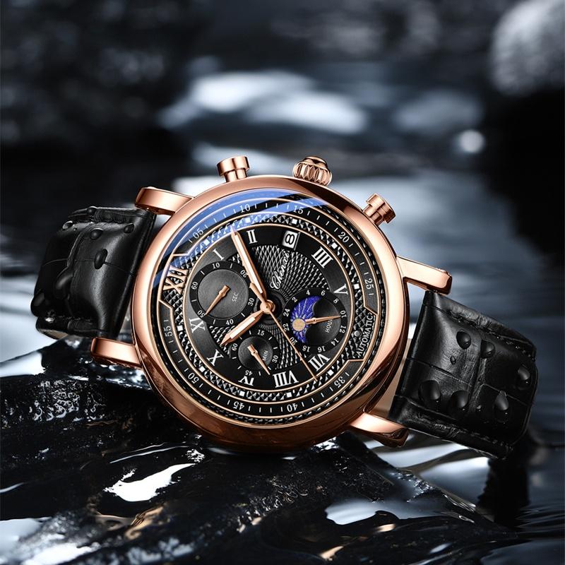 CHENXI 976 Men's Quartz Wristwatch Calendar Moon Phase Leather Strap Waterproof Business Luminous Chronograph Watches for Men