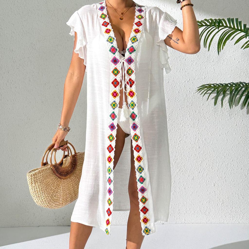 Women's Beach Bikini Top with Sun Protection Jacket, Imitation Hook Lace Patchwork Ruffled Edge Strapless Cardigan