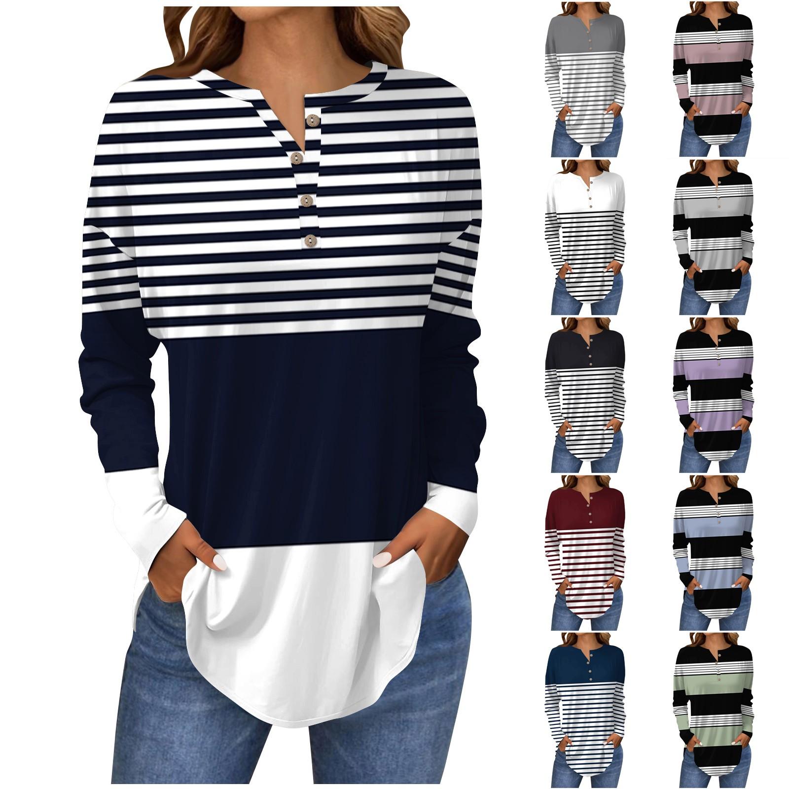 

Women s Fashion Loose Button Collar Stripe Print Long Sleeve T-Shirt Tops Pullover