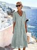 2026 New Casual Spring/Summer V-Neck Short Sleeve Loose Long Dress - Solid Color Cotton Linen