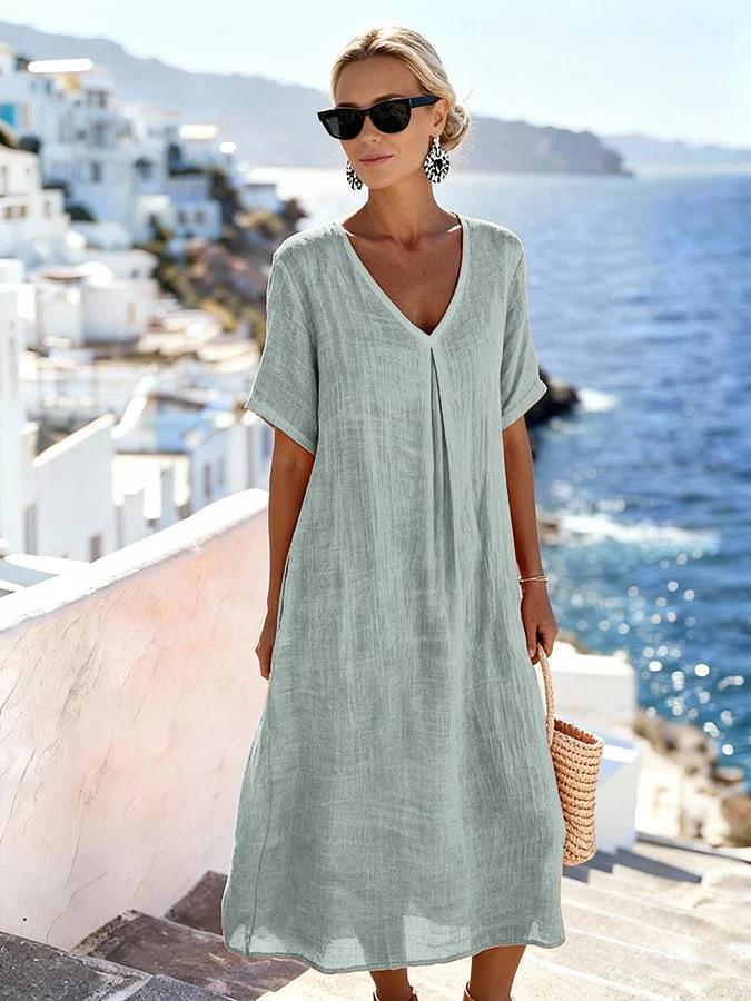 2026 New Casual Spring/Summer V-Neck Short Sleeve Loose Long Dress - Solid Color Cotton Linen