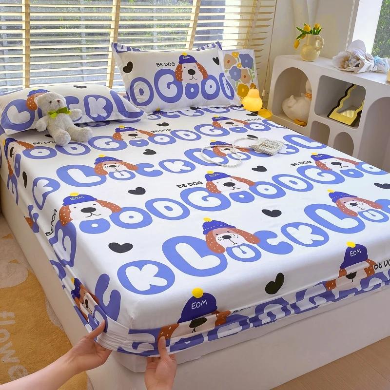 Cartoon Style Rabbit Fitted Sheet Set Skin-friendly Breathable Non-slip Bed Cover with 2 Pillowcases Bedding Set for Boys Girls