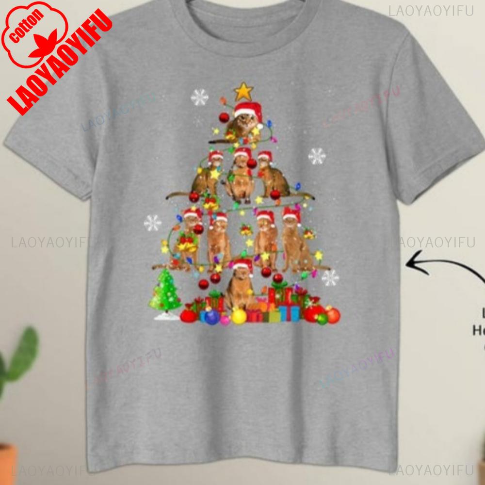 Christmas Santa Abyssinian Cat TShirt Xmas Lights Graphic Tops High Quality Cotton Shortsleeve Trending Clothes for Cat Lovers