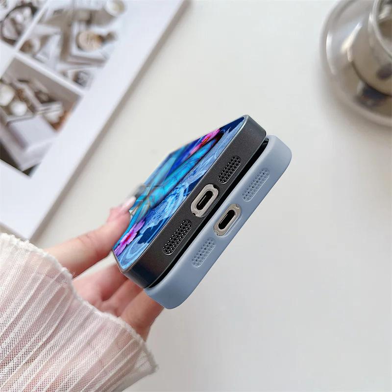 Blue Butterfly for iPhone17ProMax Metallic Paint Glass Mobile Phone Protective Case 17 All-inclusive 15 Fine Holes 16