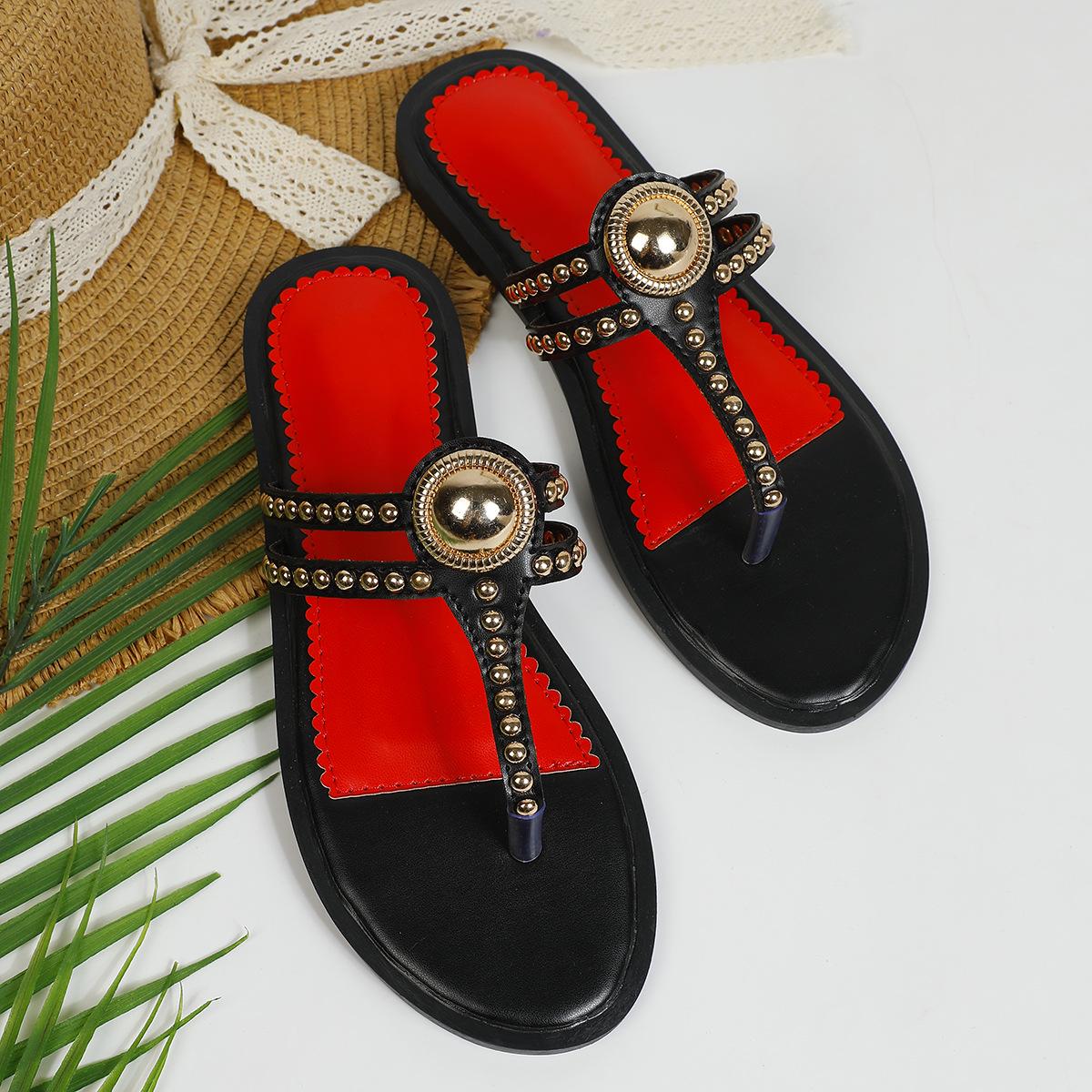 2025 Summer Bohemian Women s Wedge Heel Sandals with Rivets - Versatile Flat-Bottom Beach Shoes Size 35 чёрный