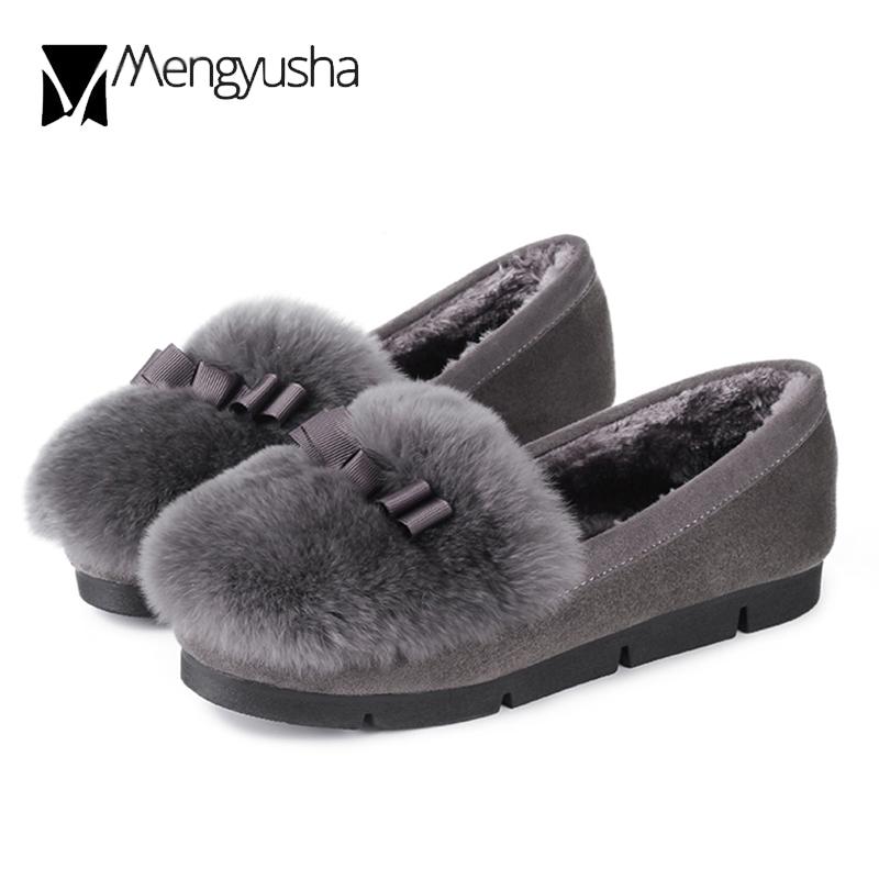 Зимние женские туфли на плоской подошве из кроличьего меха с бантом и плюшевыми — фото 6