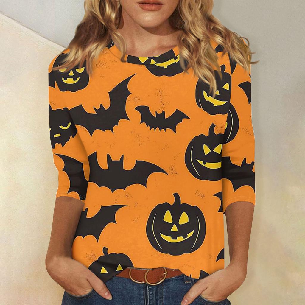 Damenmode Lässig Dreiviertelärmel Halloween-Print Rundhals-Top