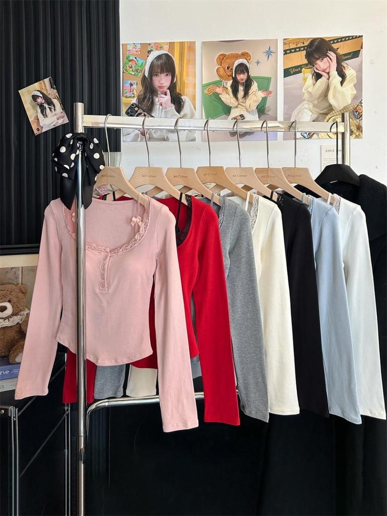 Women's Red Lace Patchwork Long Sleeve Slim-Fit T-shirt - Autumn/Winter Trendy Base Layer Top