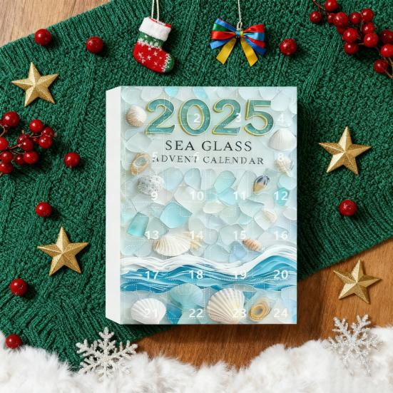 Adventní kalendář Vánoční strom z mořského skla 2025 24 dní Odpočítávání svátků s mini ozdobami z mořského skla Dekorace vánočního stromku s oceánskou tématikou